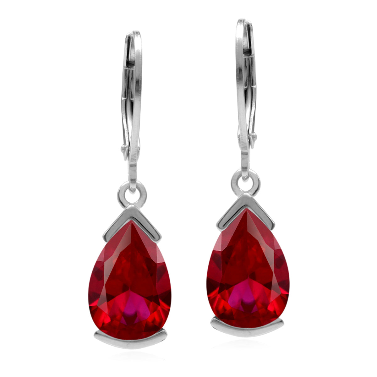 12X8mm Pear Shape Simulated Red Ruby 925 Sterling Silver Drop Dangle Leverback Earrings July Gemstone Birthstone