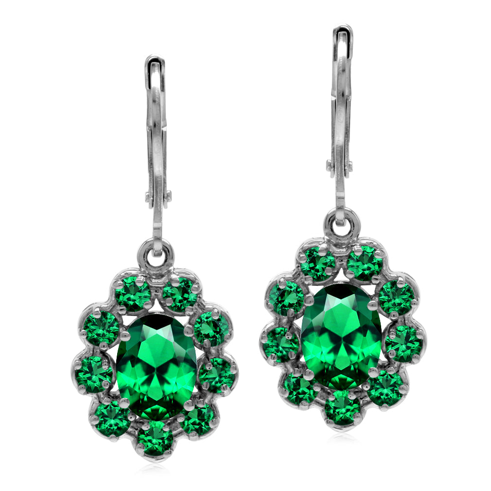 8X6mm Oval Shape Created Nano Green Emerald 925 Sterling Silver Flower Cluster Leverback Dangle Earrings May Gemstone Birthstone - Silvershake-store