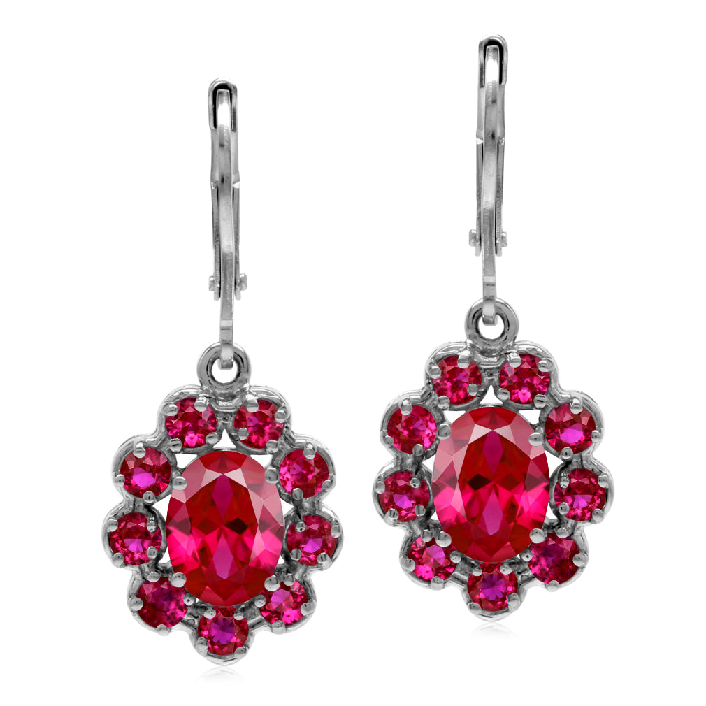 8X6mm Oval Shape Simulated Red Ruby 925 Sterling Silver Flower Cluster Leverback Dangle Earrings July Gemstone Birthstone - Silvershake-store