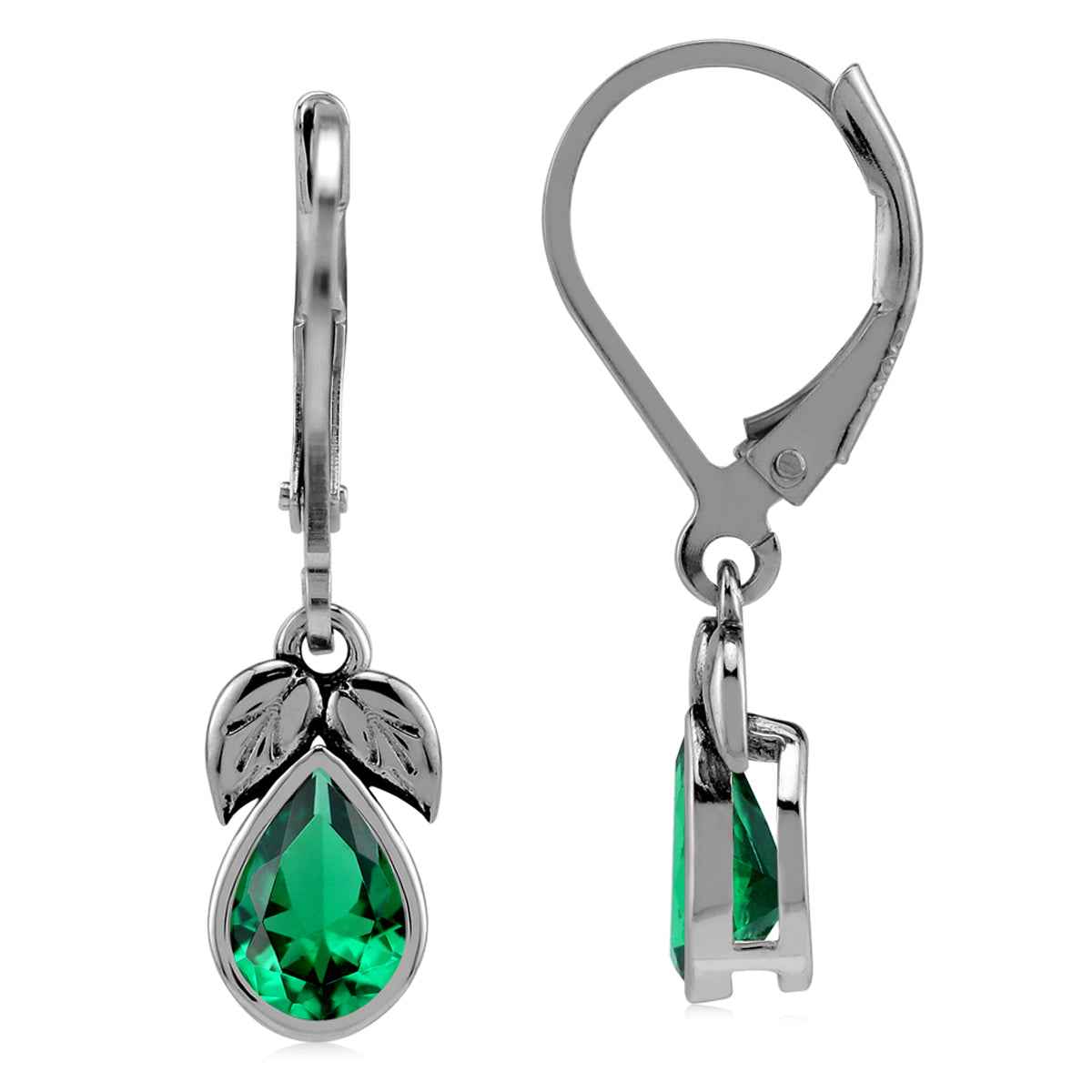 Created Pear Shape Nano Green Emerald 925 Sterling Silver Twin Leaf Vintage Inspired Drop Dangle Leverback Earrings
