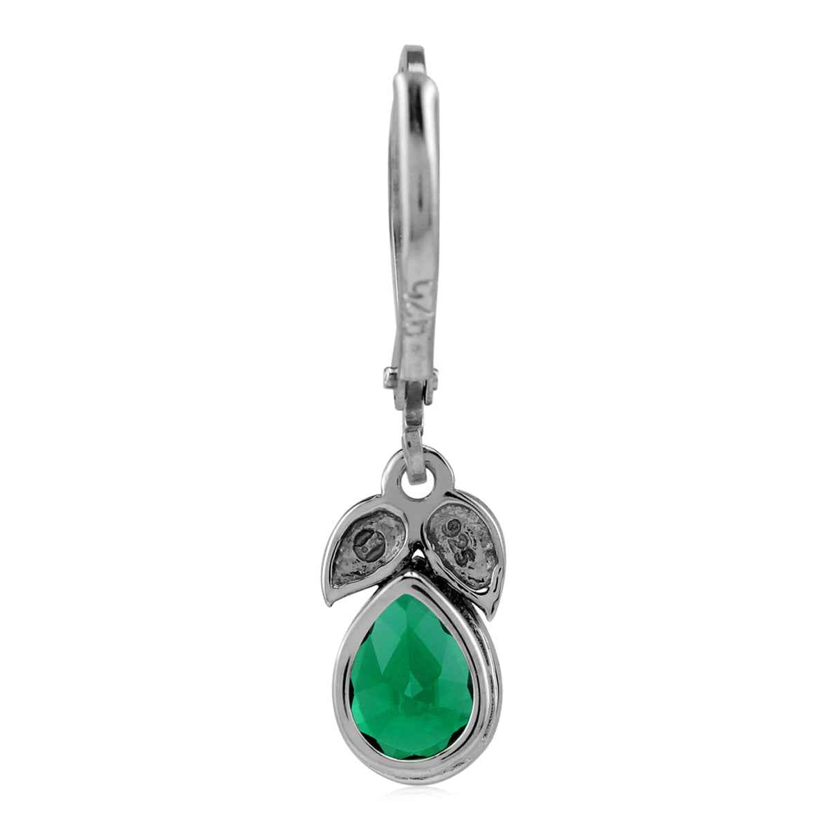 Created Pear Shape Nano Green Emerald 925 Sterling Silver Twin Leaf Vintage Inspired Drop Dangle Leverback Earrings