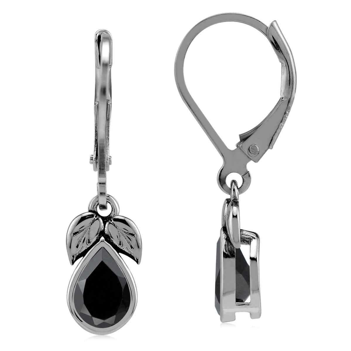 1.36 CTW Natural Pear Shape Black Onyx 925 Sterling Silver Twin Leaf Vintage Inspired Drop Dangle Leverback Gemstone Earrings