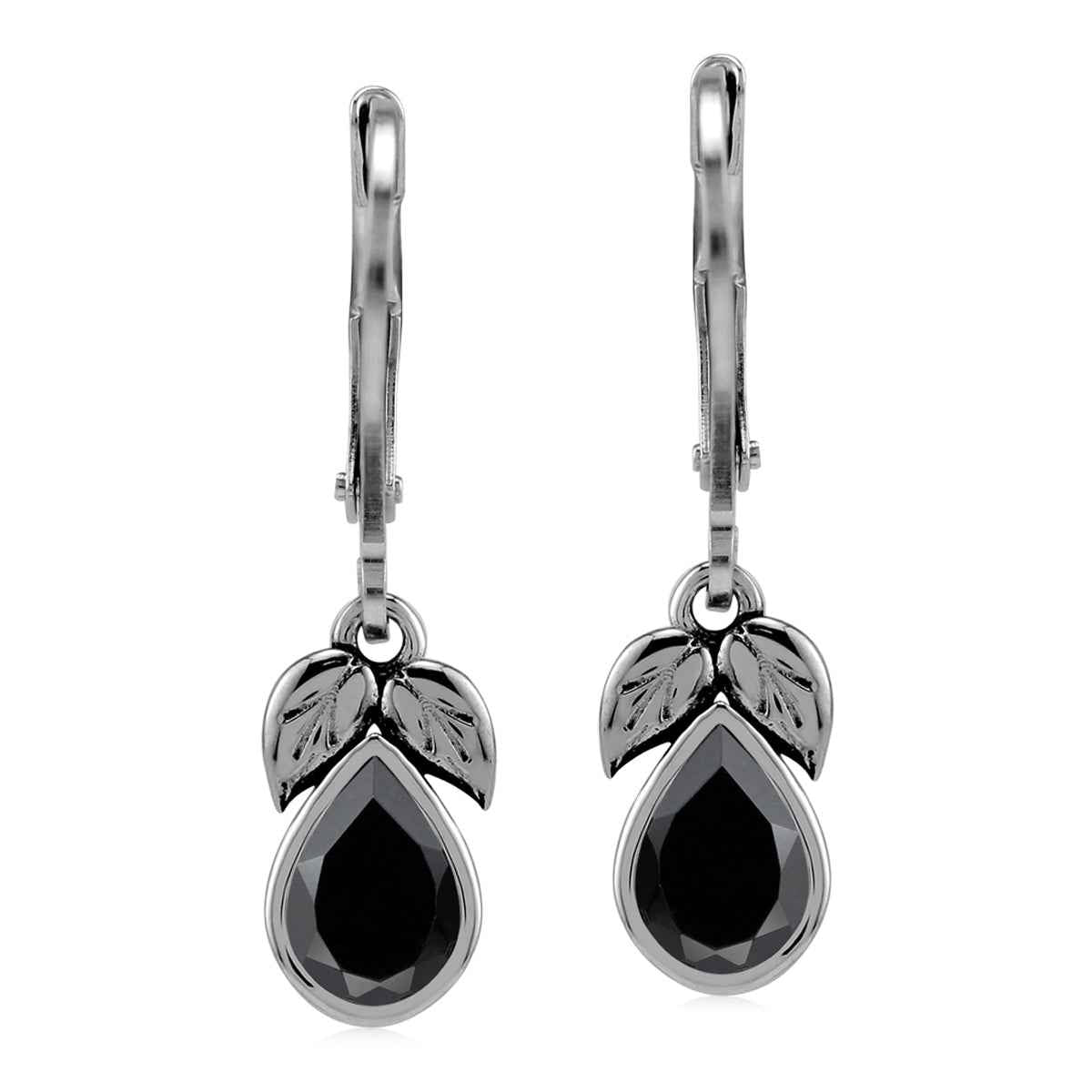 1.36 CTW Natural Pear Shape Black Onyx 925 Sterling Silver Twin Leaf Vintage Inspired Drop Dangle Leverback Gemstone Earrings