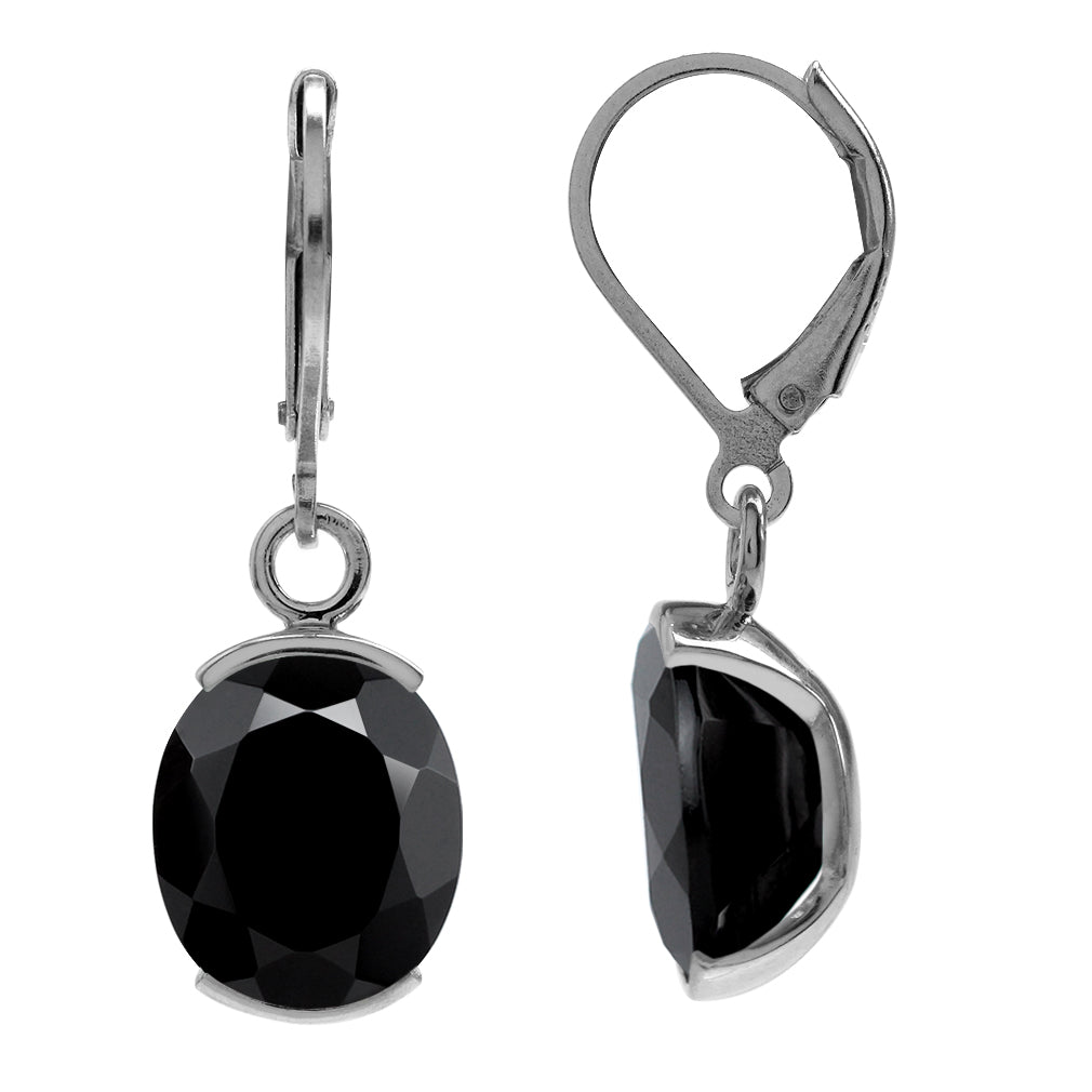 8.19 CTW 12X10mm Natural Oval Shape Black Onyx White Gold Plated 925 Sterling Silver Leverback Dangle Gemstone Earrings - Silvershake-store
