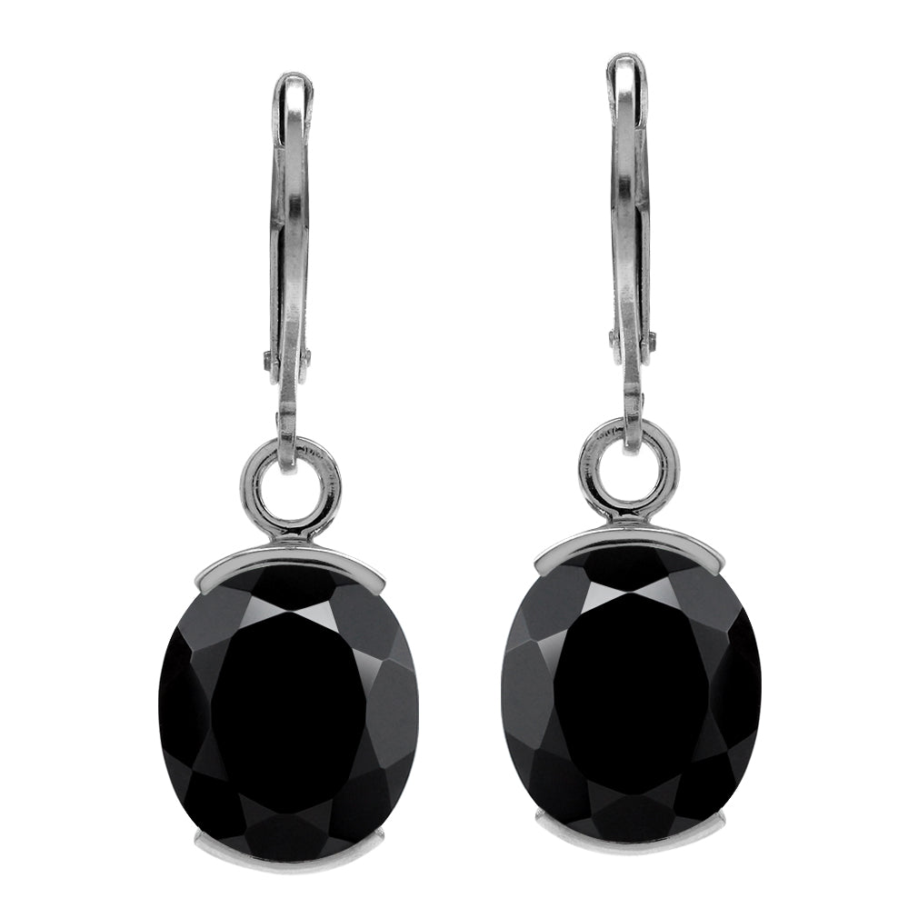 8.19 CTW 12X10mm Natural Oval Shape Black Onyx White Gold Plated 925 Sterling Silver Leverback Dangle Gemstone Earrings - Silvershake-store