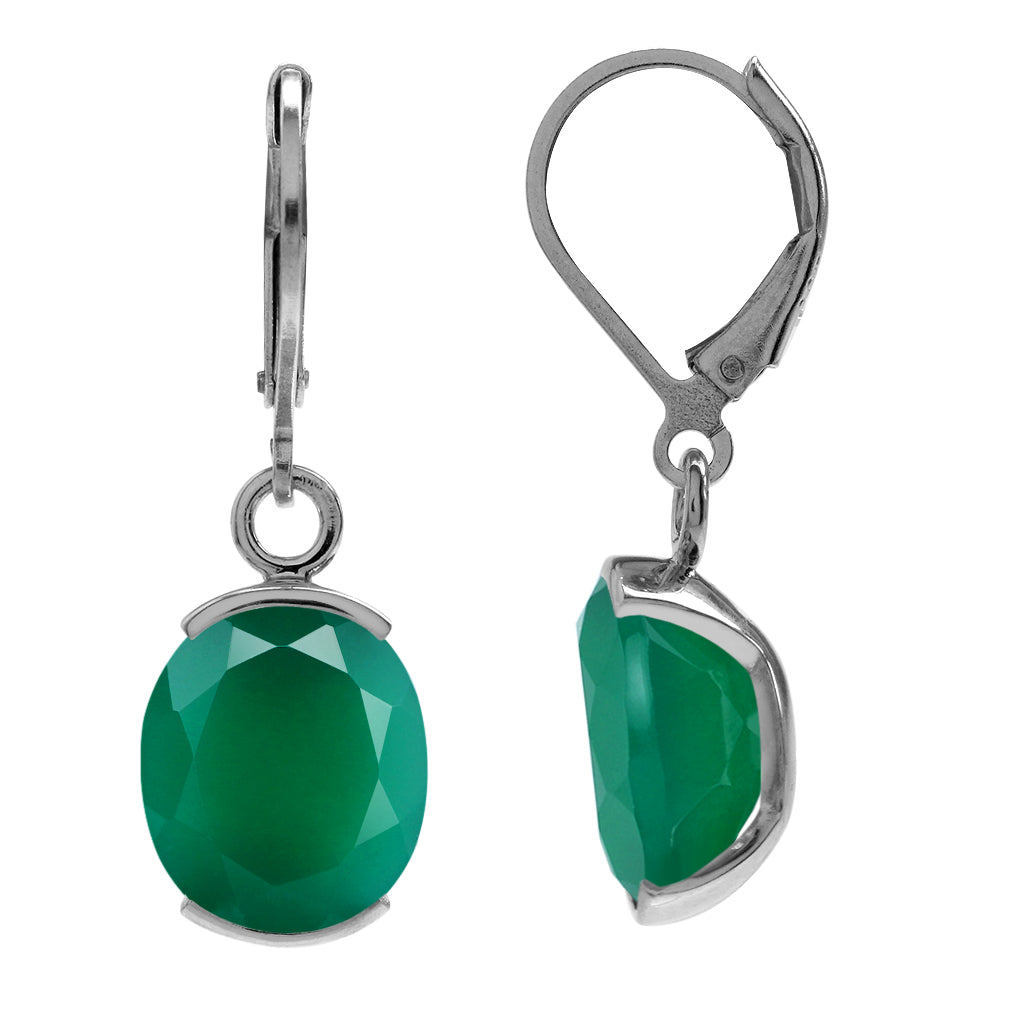 8.5 CTW 12X10mm Natural Oval Shape Emerald Green Agate White Gold Plated 925 Sterling Silver Leverback Dangle Earrings May Gemstone Birthstone - Silvershake-store
