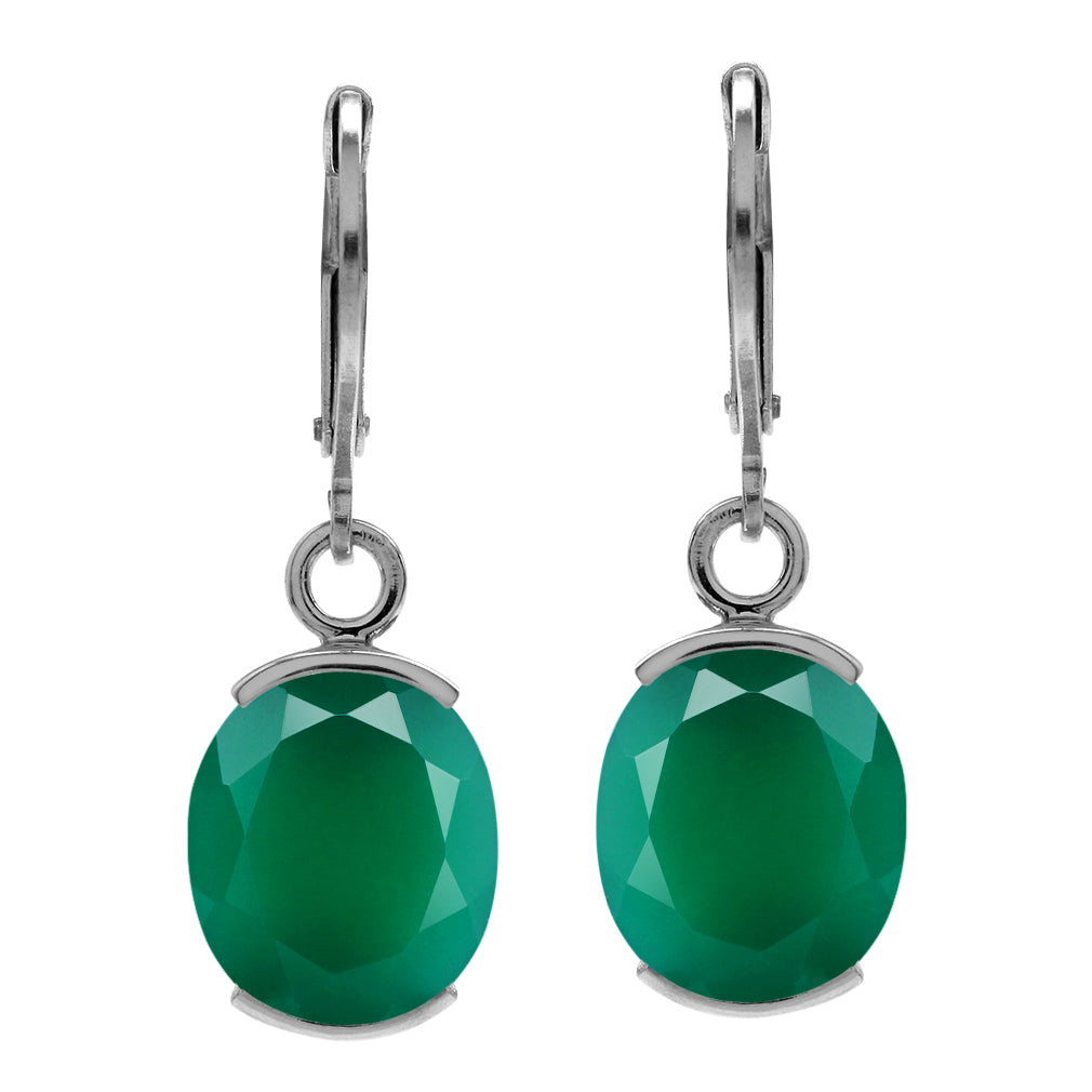 8.5 CTW 12X10mm Natural Oval Shape Emerald Green Agate White Gold Plated 925 Sterling Silver Leverback Dangle Earrings May Gemstone Birthstone - Silvershake-store