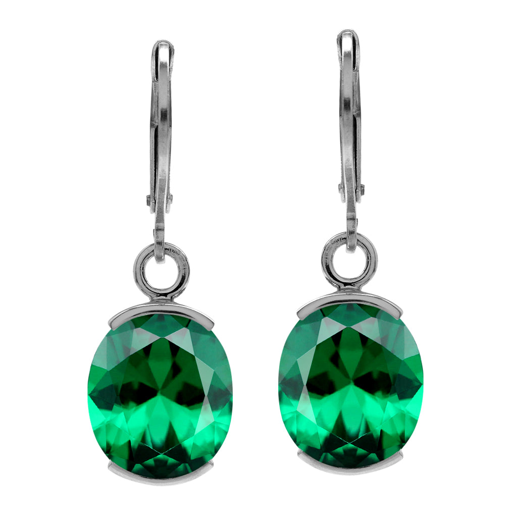 12X10mm Created Oval Shape Nano Green Emerald White Gold Plated 925 Sterling Silver Leverback Dangle Earrings May Gemstone Birthstone