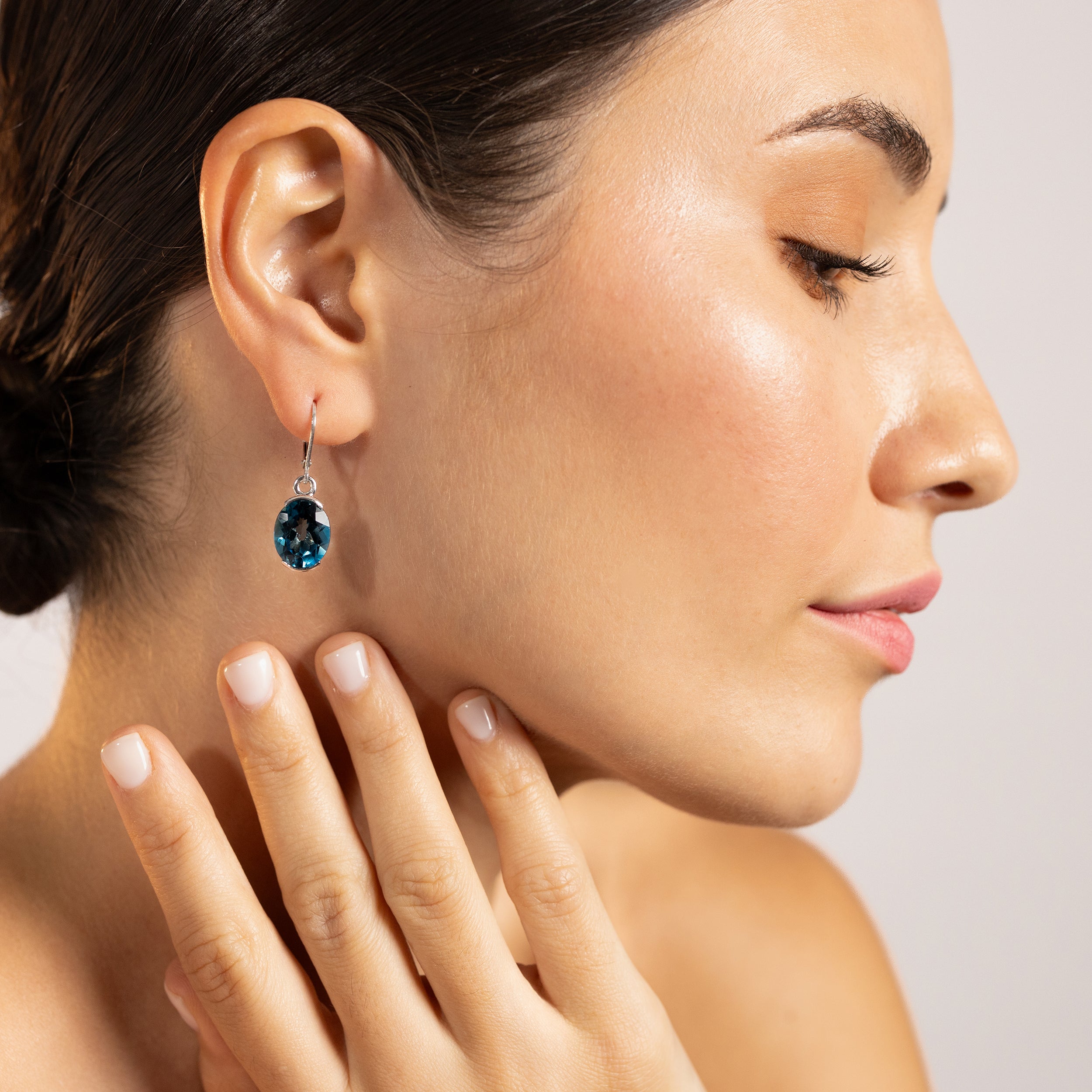 12X10mm Created Oval Shape Blue Sapphire White Gold Plated 925 Sterling Silver Leverback Dangle Earrings September Gemstone Birthstone