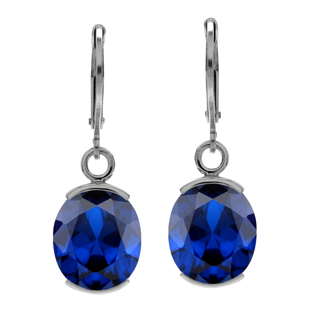 12X10mm Created Oval Shape Blue Sapphire White Gold Plated 925 Sterling Silver Leverback Dangle Earrings September Gemstone Birthstone