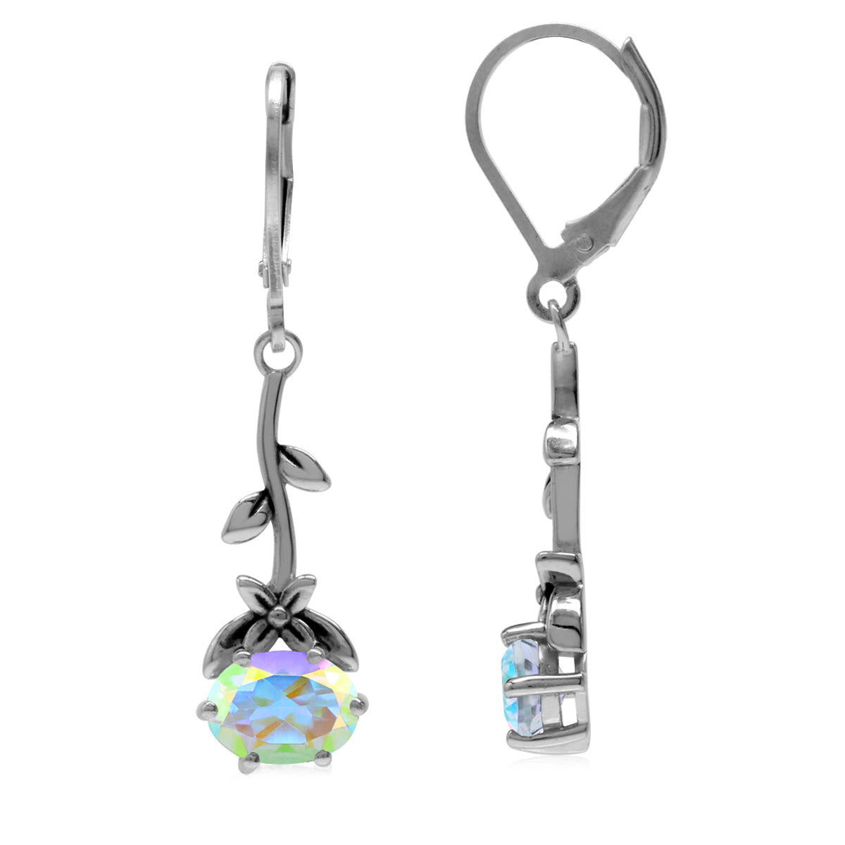 3 CTW 8X6mm Genuine Oval Shape Mercury Mist Aurora Borealis (AB) Topaz 925 Sterling Silver Flower and Leaf Vintage Inspired Leverback Dangle Gemstone Earrings - Silvershake-store