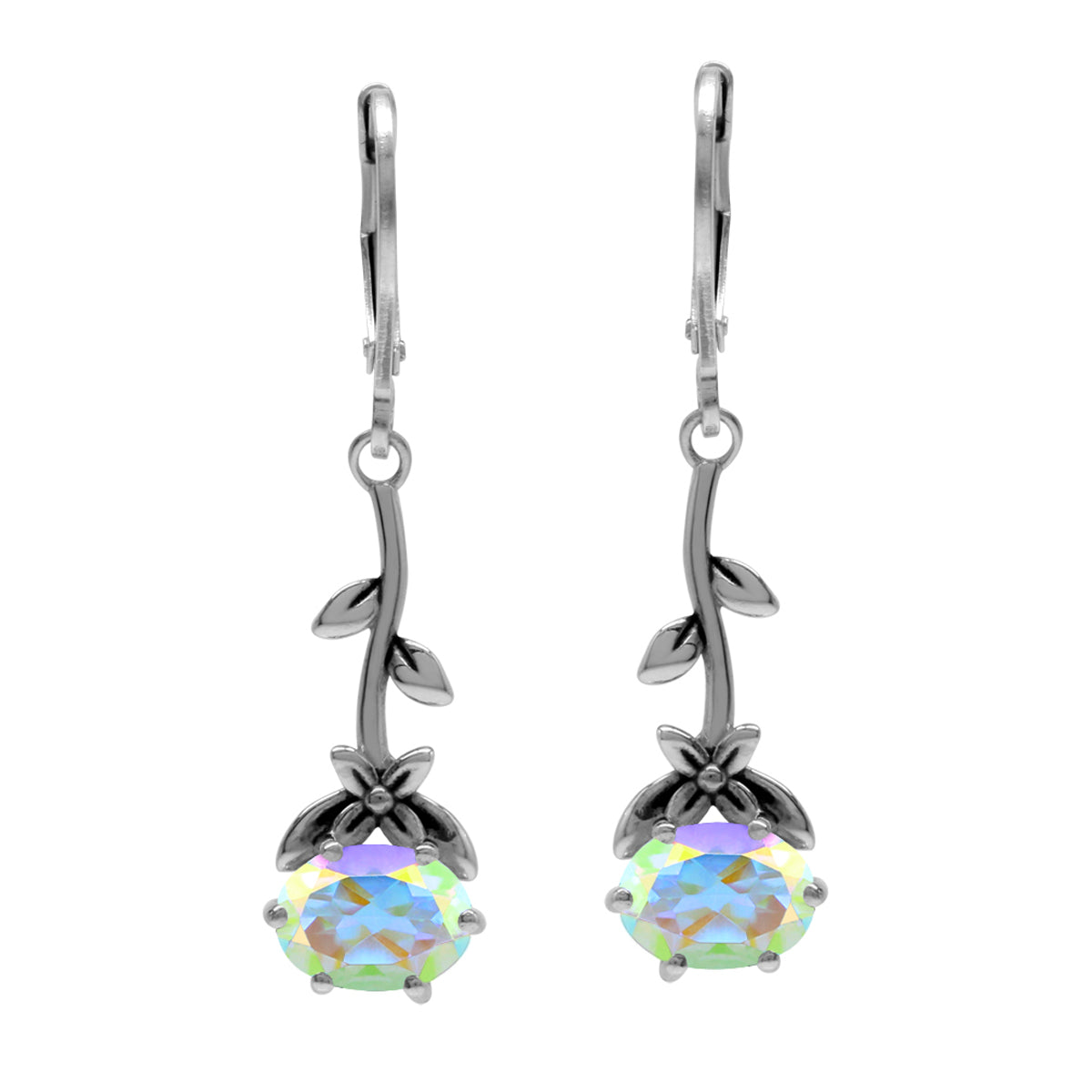 3 CTW 8X6mm Genuine Oval Shape Mercury Mist Aurora Borealis (AB) Topaz 925 Sterling Silver Flower and Leaf Vintage Inspired Leverback Dangle Gemstone Earrings - Silvershake-store