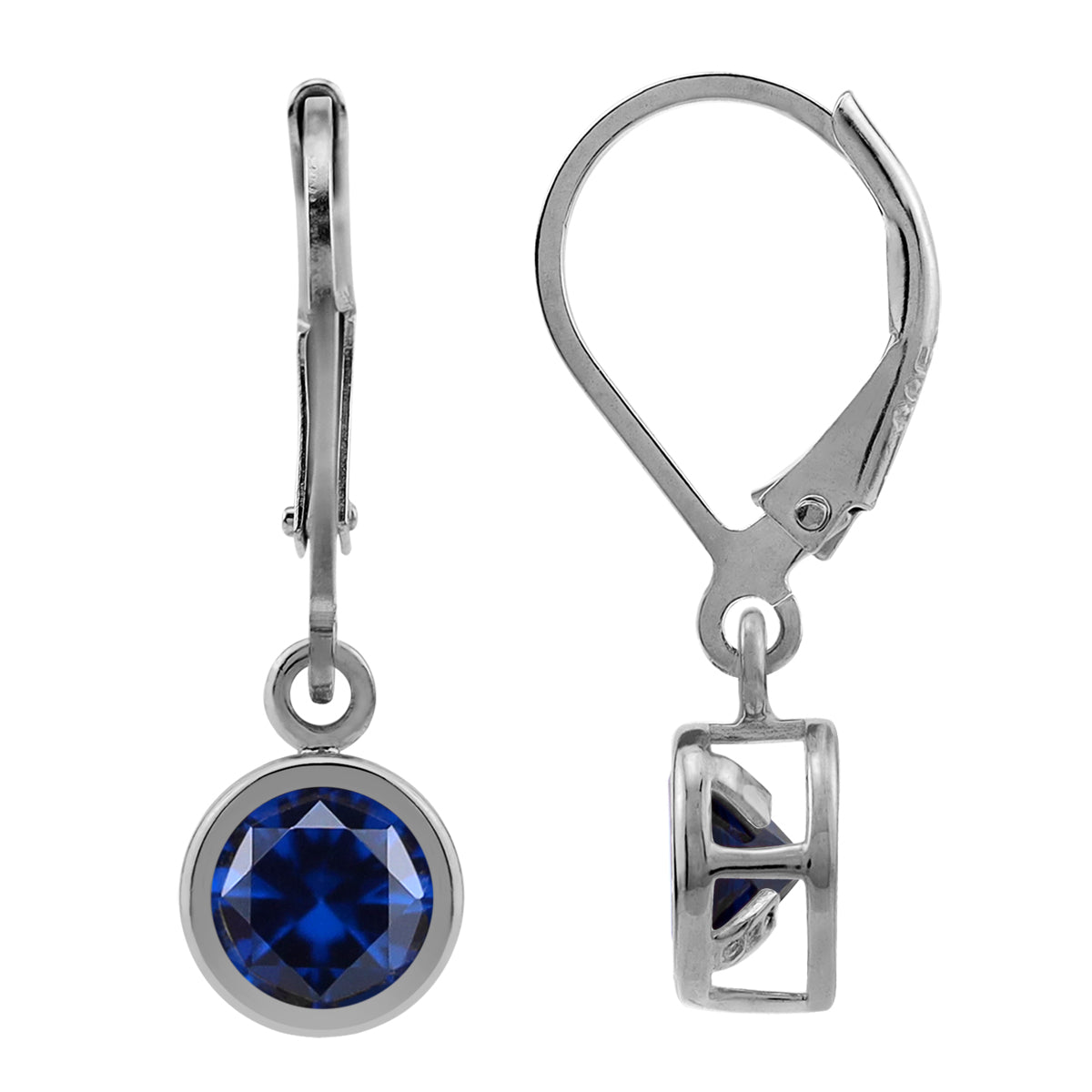 6MM Created Round Shape Blue Sapphire White Gold Plated 925 Sterling Silver Bezel Set Leverback Dangle Earrings September Gemstone Birthstone - Silvershake-store