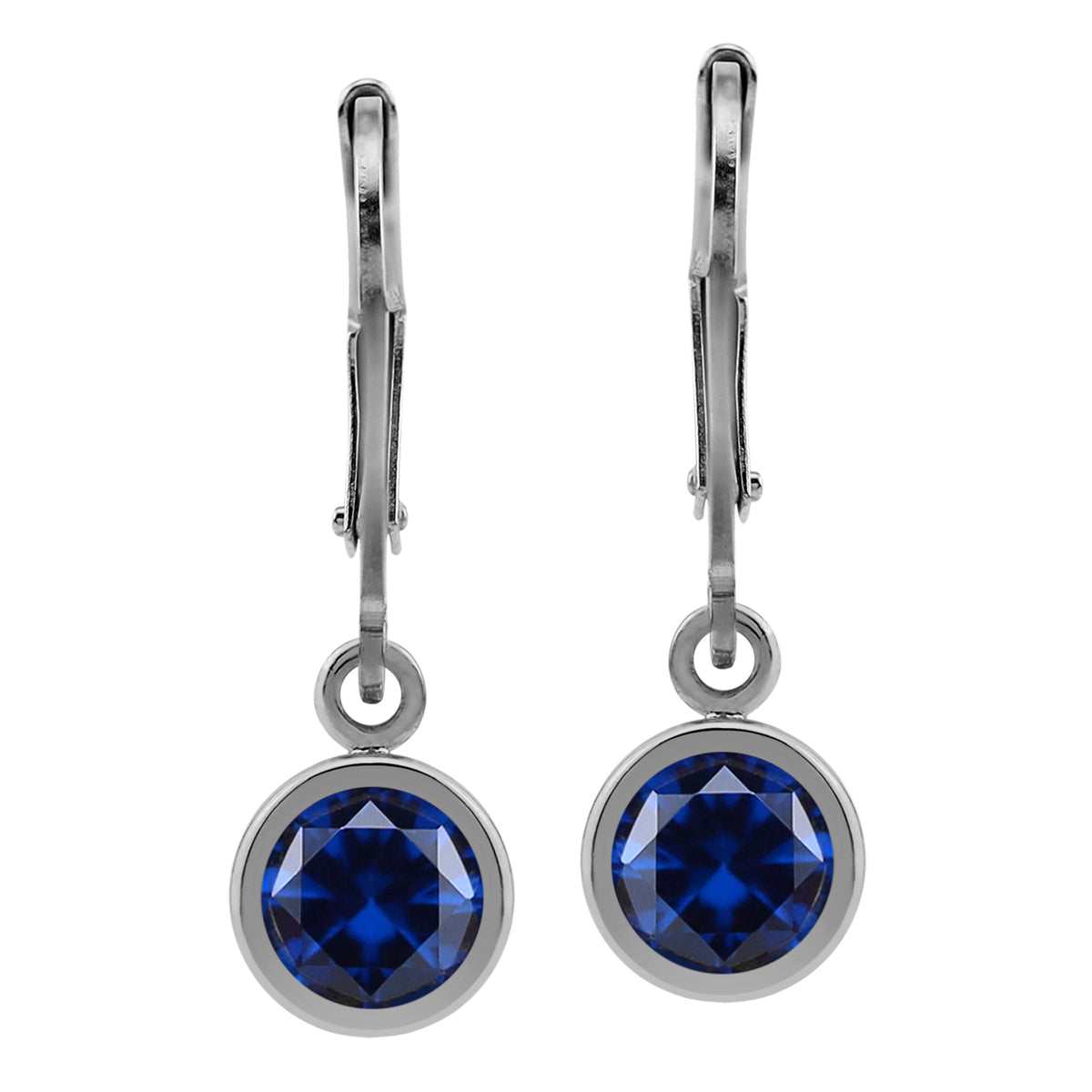 6MM Created Round Shape Blue Sapphire White Gold Plated 925 Sterling Silver Bezel Set Leverback Dangle Earrings September Gemstone Birthstone - Silvershake-store