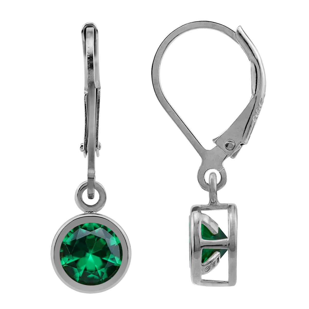 6MM Created Round Shape Nano Green Emerald White Gold Plated 925 Sterling Silver Bezel Set Leverback Dangle Earrings May Gemstone Birthstone - Silvershake-store