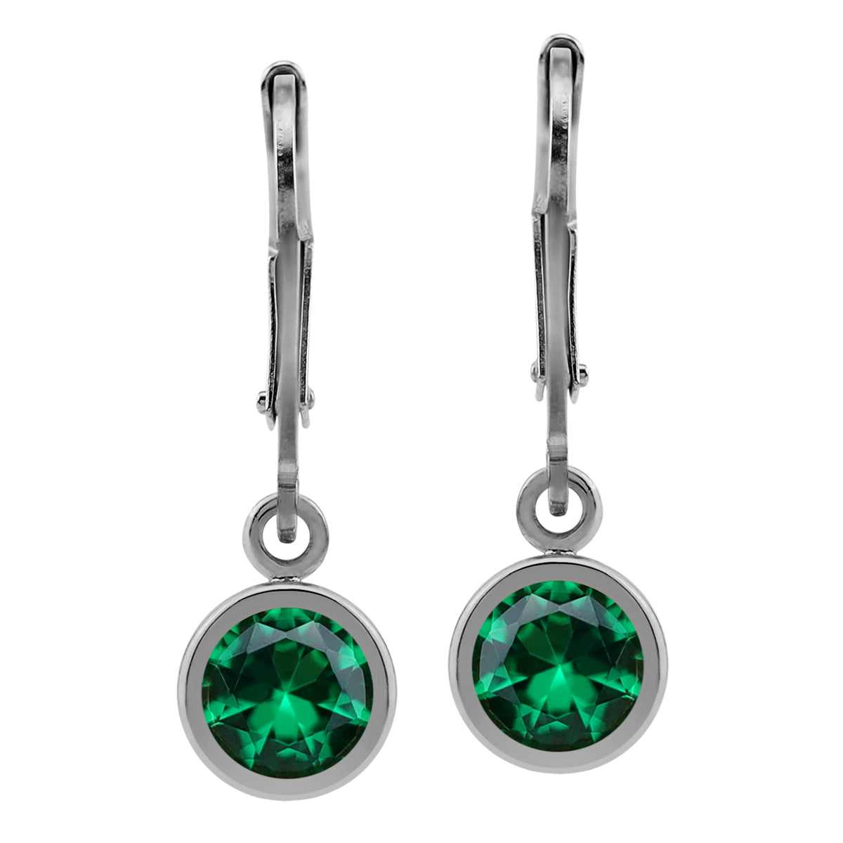 6MM Created Round Shape Nano Green Emerald White Gold Plated 925 Sterling Silver Bezel Set Leverback Dangle Earrings May Gemstone Birthstone - Silvershake-store