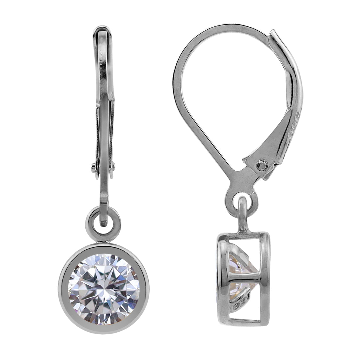 6MM Round Shape White Cubic Zirconia 925 Sterling Silver Bezel Set Leverback Dangle Earrings April Gemstone Birthstone - Silvershake-store