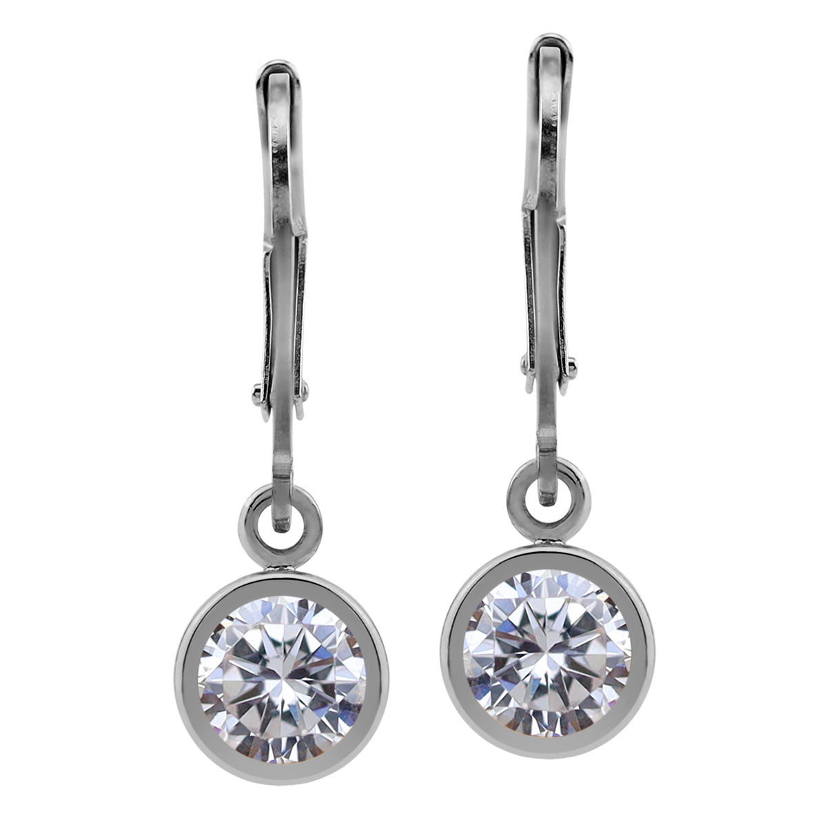 6MM Round Shape White Cubic Zirconia 925 Sterling Silver Bezel Set Leverback Dangle Earrings April Gemstone Birthstone - Silvershake-store