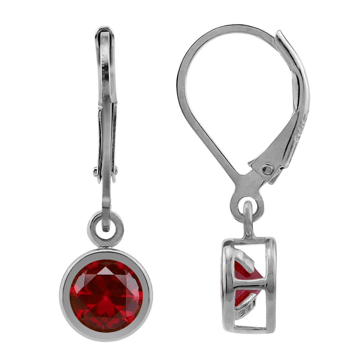 6MM Simulated Round Shape Red Ruby White Gold Plated 925 Sterling Silver Bezel Set Leverback Dangle Earrings July Gemstone Birthstone - Silvershake-store