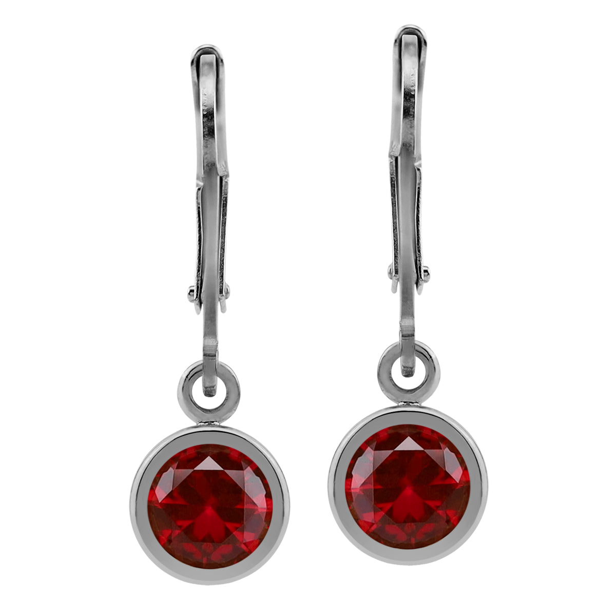 6MM Simulated Round Shape Red Ruby White Gold Plated 925 Sterling Silver Bezel Set Leverback Dangle Earrings July Gemstone Birthstone - Silvershake-store