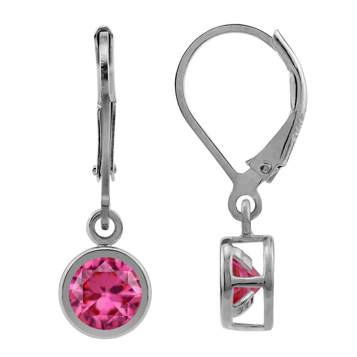 6MM Created Round Shape Pink Tourmaline White Gold Plated 925 Sterling Silver Bezel Set Leverback Dangle Earrings October Gemstone Birthstone - Silvershake-store