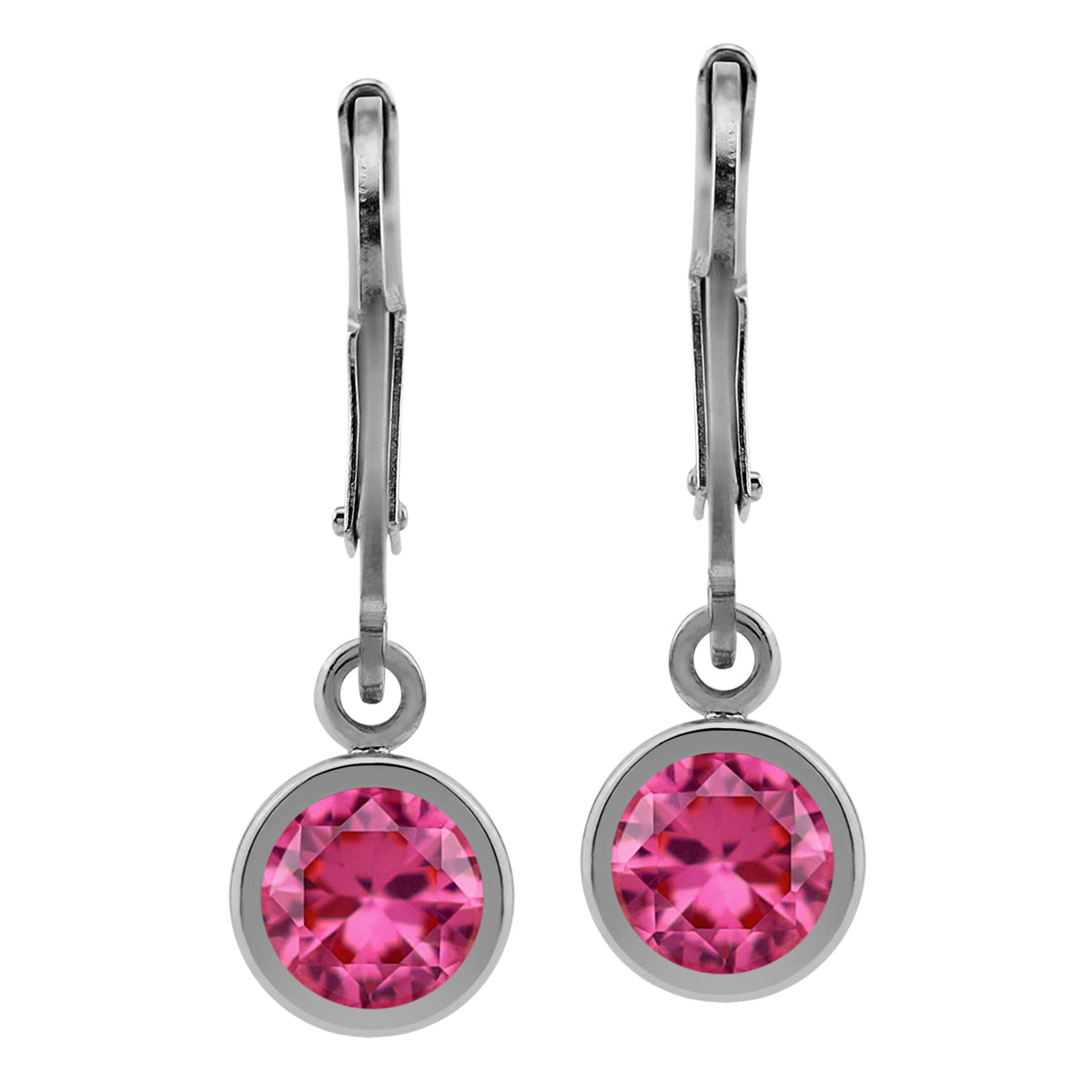 6MM Created Round Shape Pink Tourmaline White Gold Plated 925 Sterling Silver Bezel Set Leverback Dangle Earrings October Gemstone Birthstone - Silvershake-store