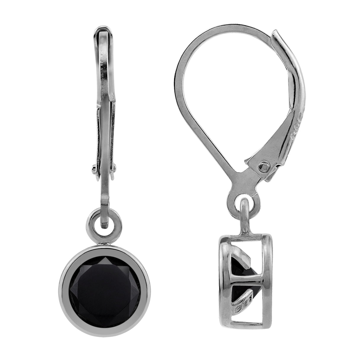 1.54 CTW 6MM Natural Round Shape Black Onyx White Gold Plated 925 Sterling Silver Bezel Set Leverback Dangle Gemstone Earrings - Silvershake-store