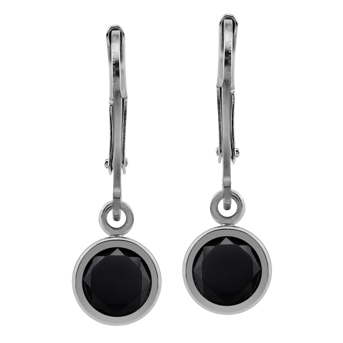 1.54 CTW 6MM Natural Round Shape Black Onyx White Gold Plated 925 Sterling Silver Bezel Set Leverback Dangle Gemstone Earrings - Silvershake-store