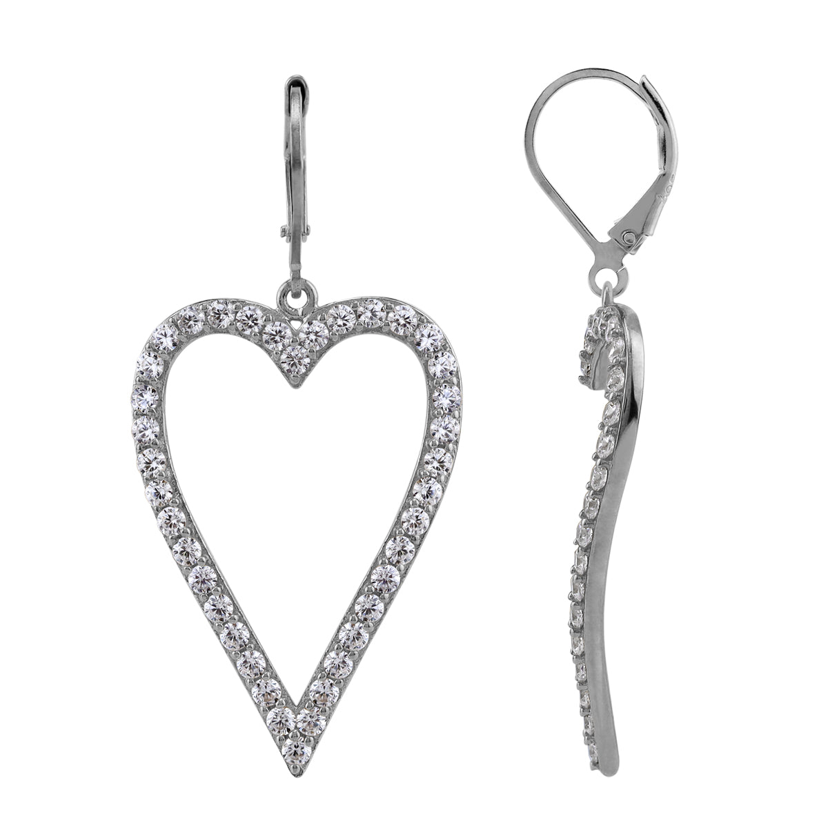 Cubic Zirconia White Gold Plated 925 Sterling Silver Heart Casual Love Leverback Dangle Earrings
