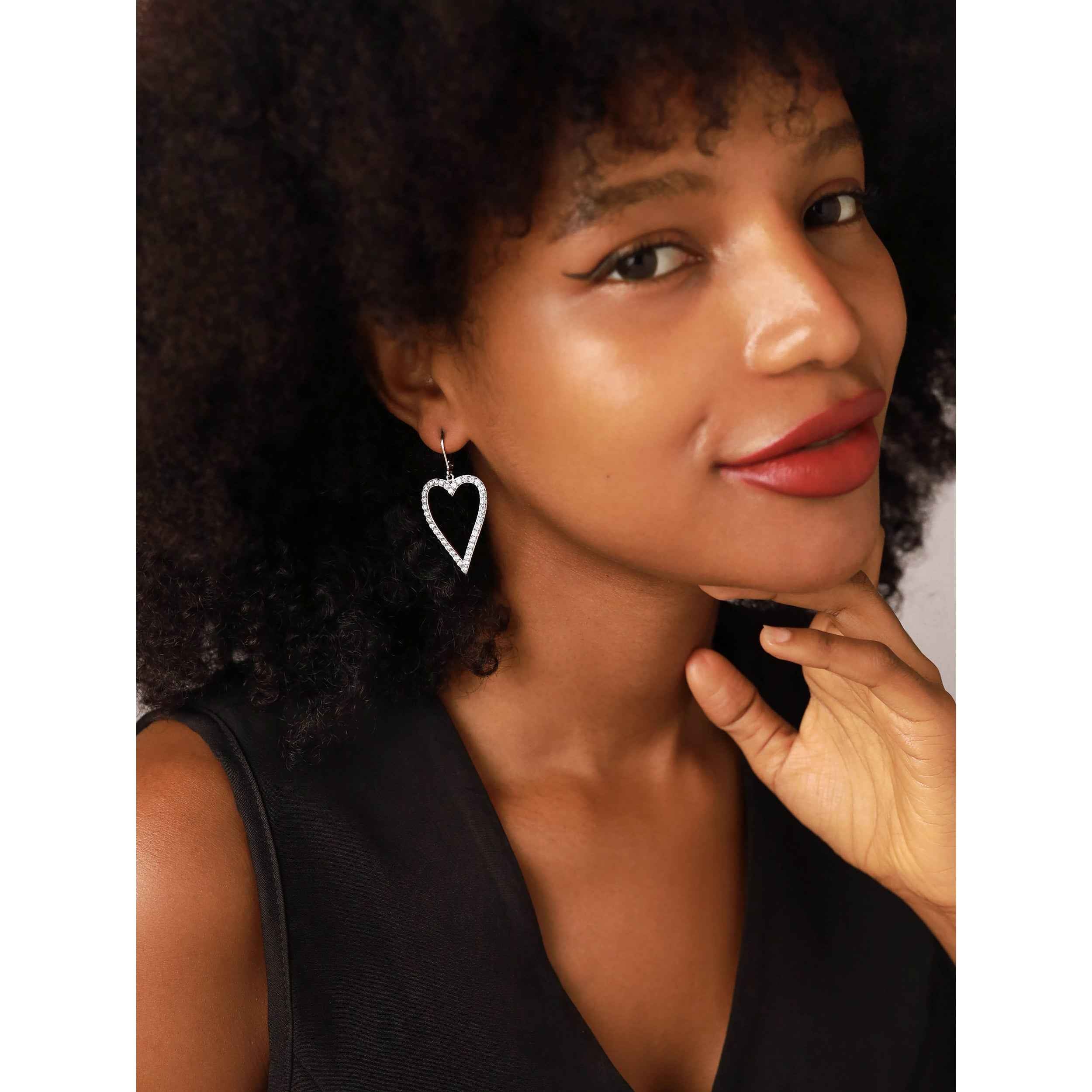 Cubic Zirconia White Gold Plated 925 Sterling Silver Heart Casual Love Leverback Dangle Earrings