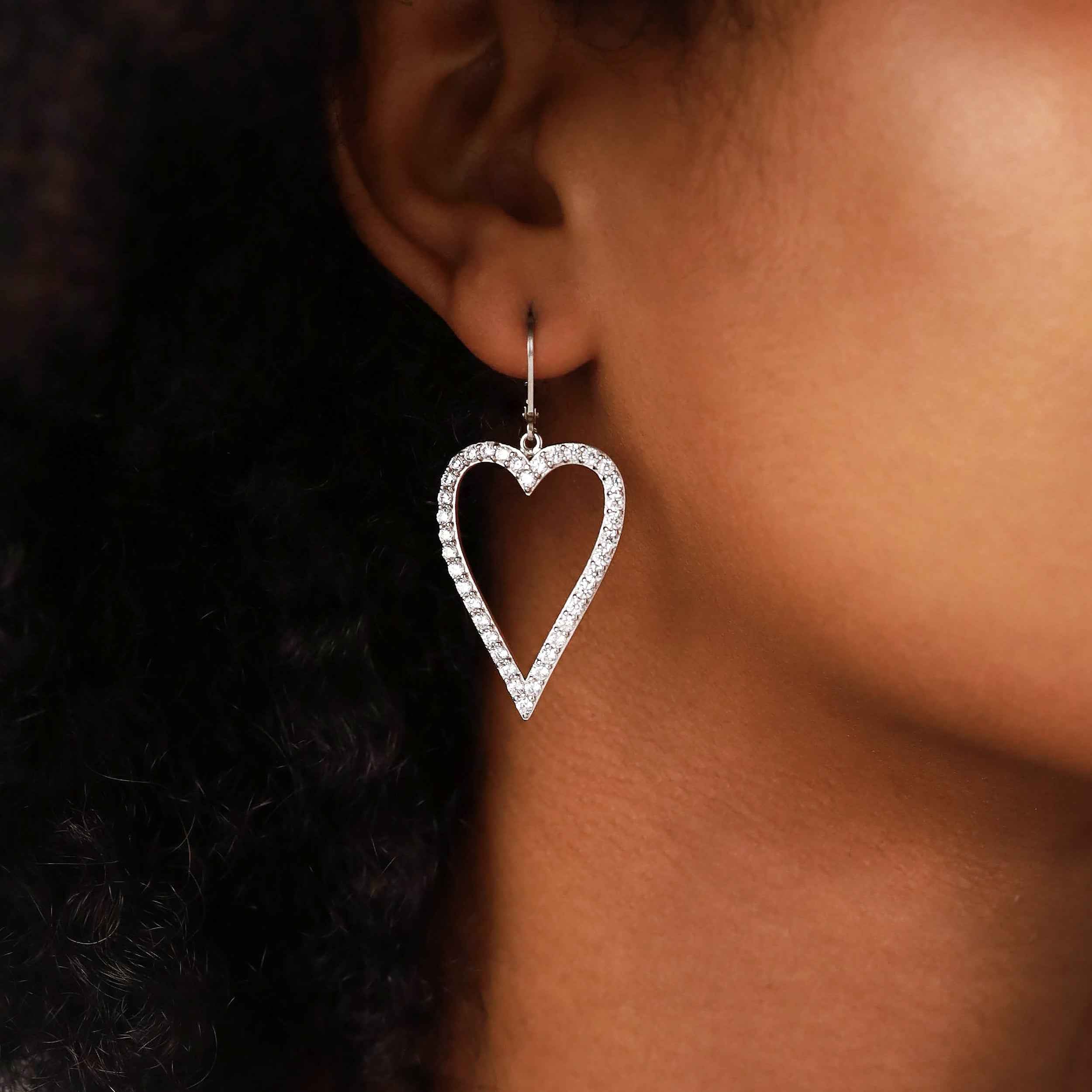 Cubic Zirconia White Gold Plated 925 Sterling Silver Heart Casual Love Leverback Dangle Earrings