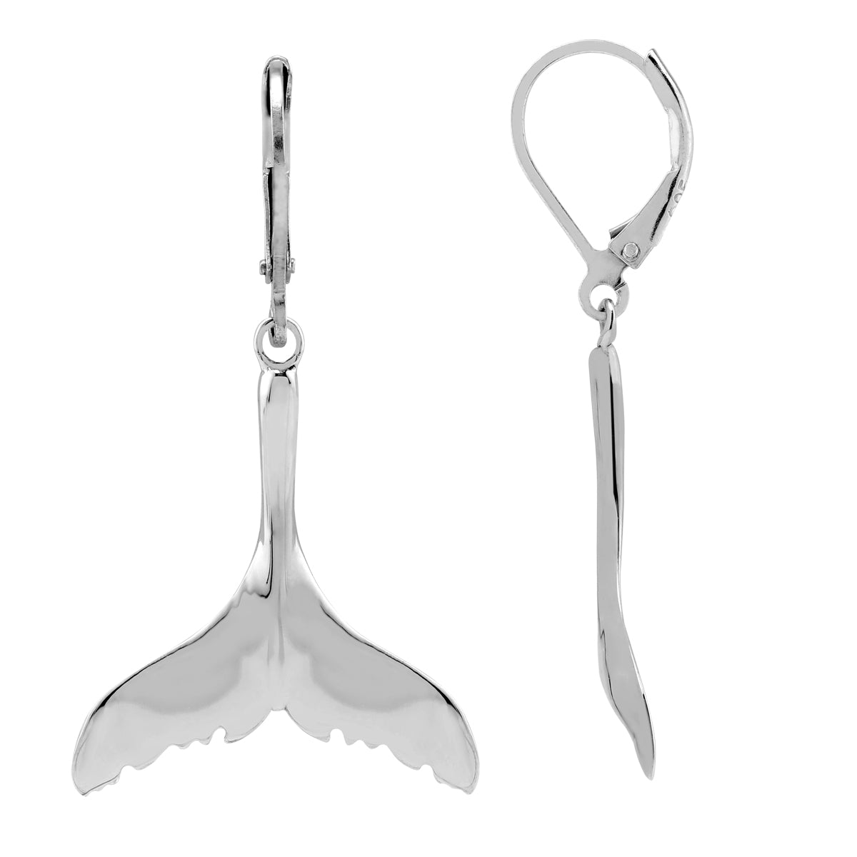 White Gold Plated 925 Sterling Silver Dolphin Fish Tail / Whale / Mermaid Sealife Leverback Dangle Earrings