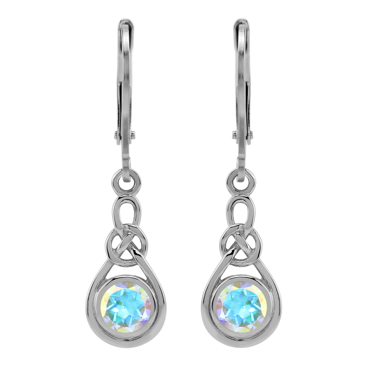 1.18 CTW 5MM Genuine Round Shape Mercury Mist Aurora Borealis (AB) Topaz 925 Sterling Silver Celtic Knot Weave Leverback Dangle Gemstone Earrings Jewelry for Women - Silvershake-store