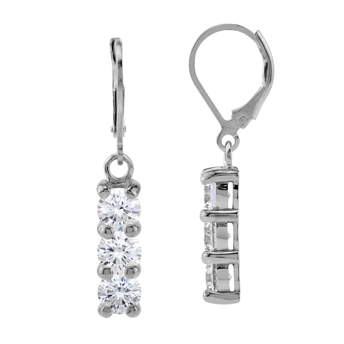 5MM 3-Stone Round Shape Cubic Zirconia White Gold Plated 925 Sterling Silver Leverback Dangle Earrings