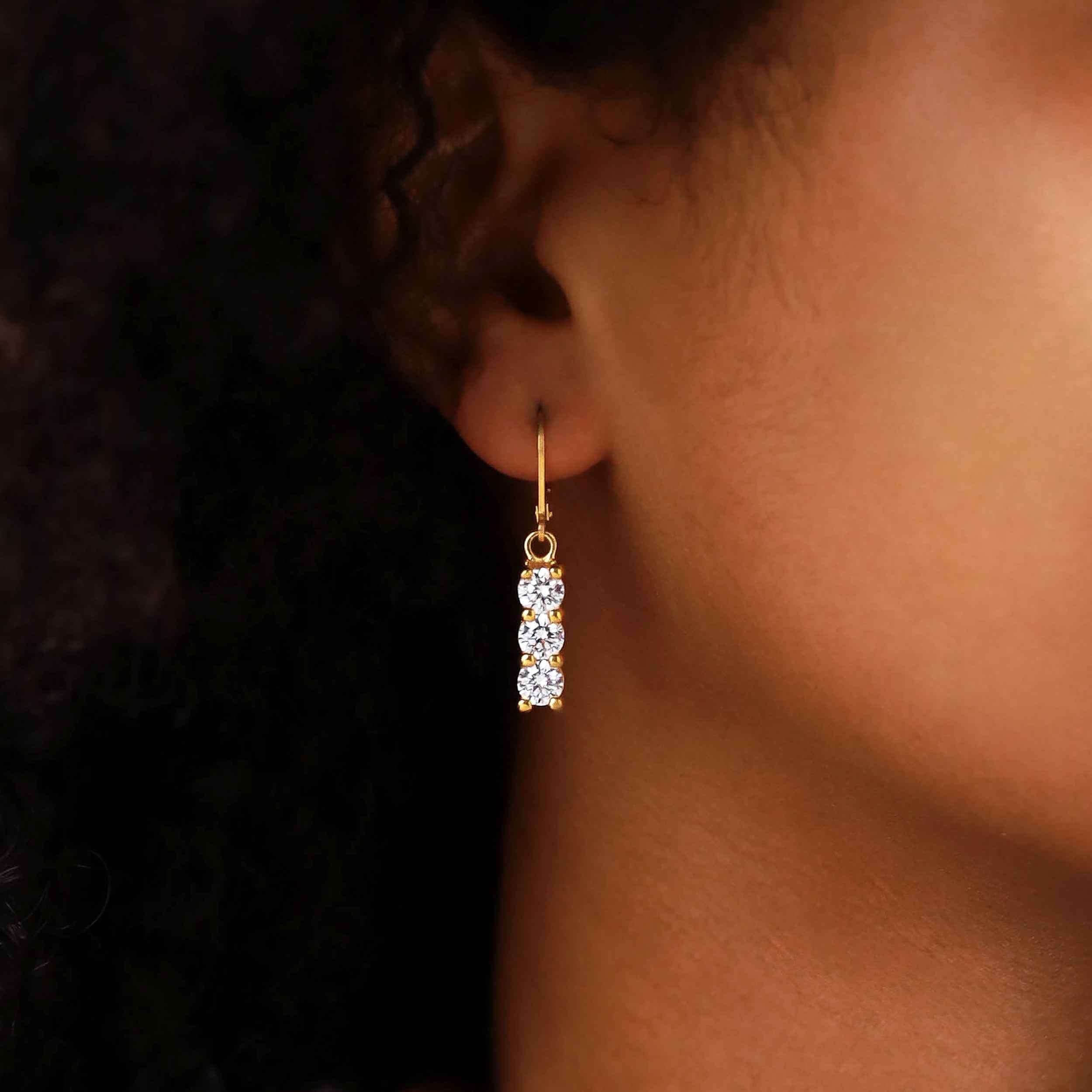 5MM 3-Stone Round Shape Cubic Zirconia White Gold Plated 925 Sterling Silver Leverback Dangle Earrings
