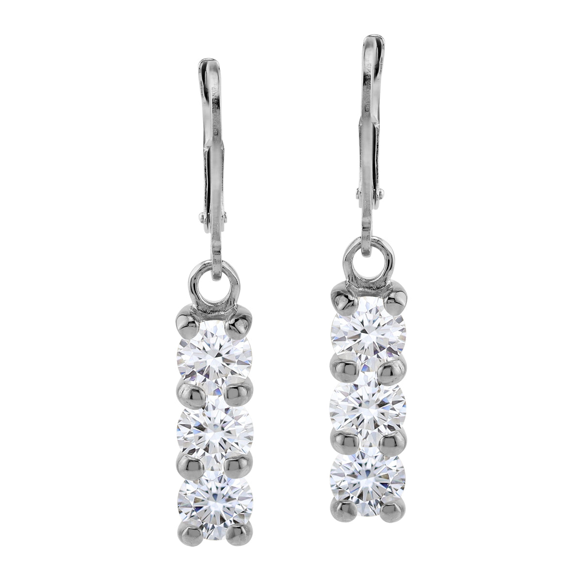 5MM 3-Stone Round Shape Cubic Zirconia White Gold Plated 925 Sterling Silver Leverback Dangle Earrings