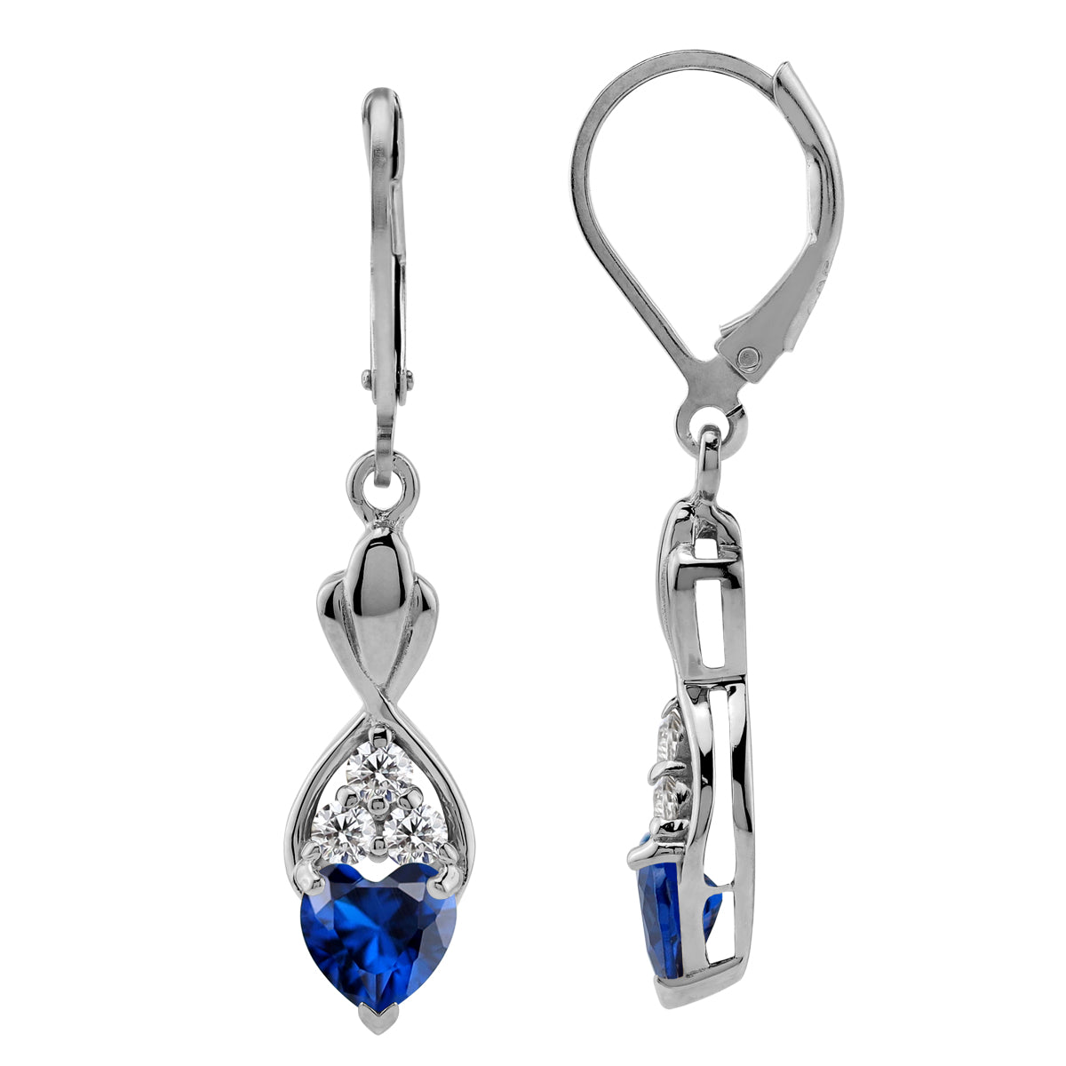6MM Created Heart Shape Blue Sapphire White Gold Plated 925 Sterling Silver Leverback Dangle Earrings