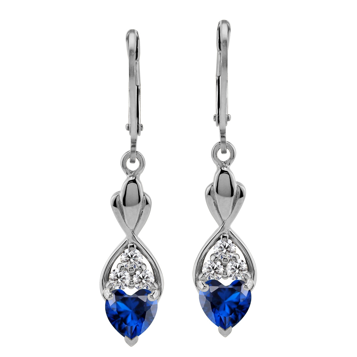 6MM Created Heart Shape Blue Sapphire White Gold Plated 925 Sterling Silver Leverback Dangle Earrings