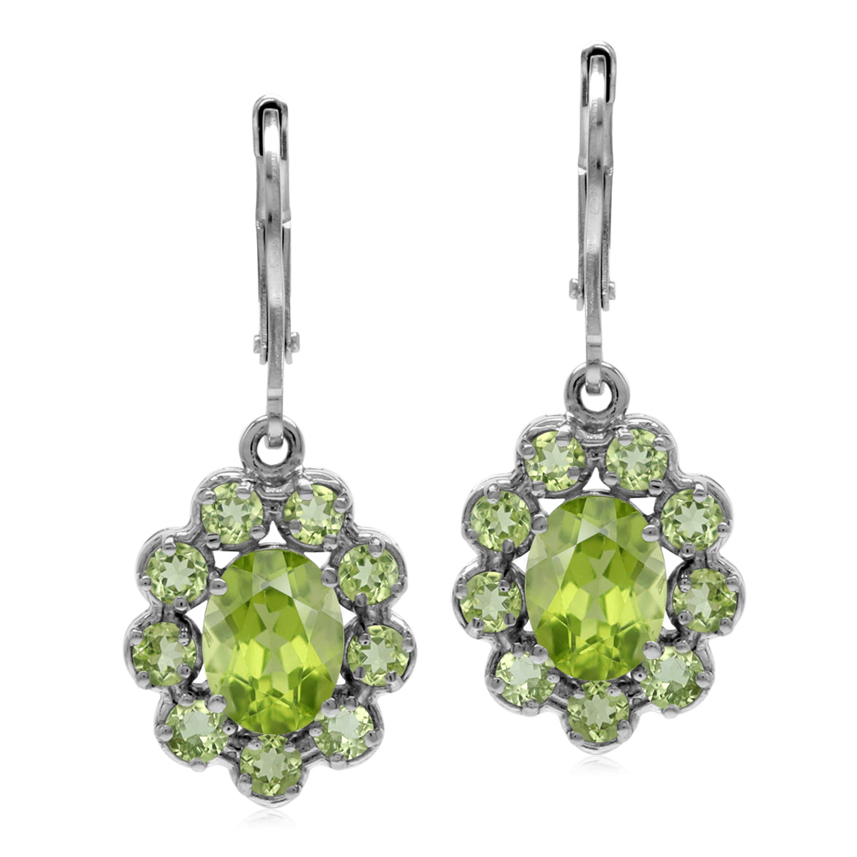 8X6mm Natural Oval Shape Green Peridot White Gold Plated 925 Sterling Silver Flower Cluster Leverback Dangle Earrings August Gemstone Birthstone - Silvershake-store