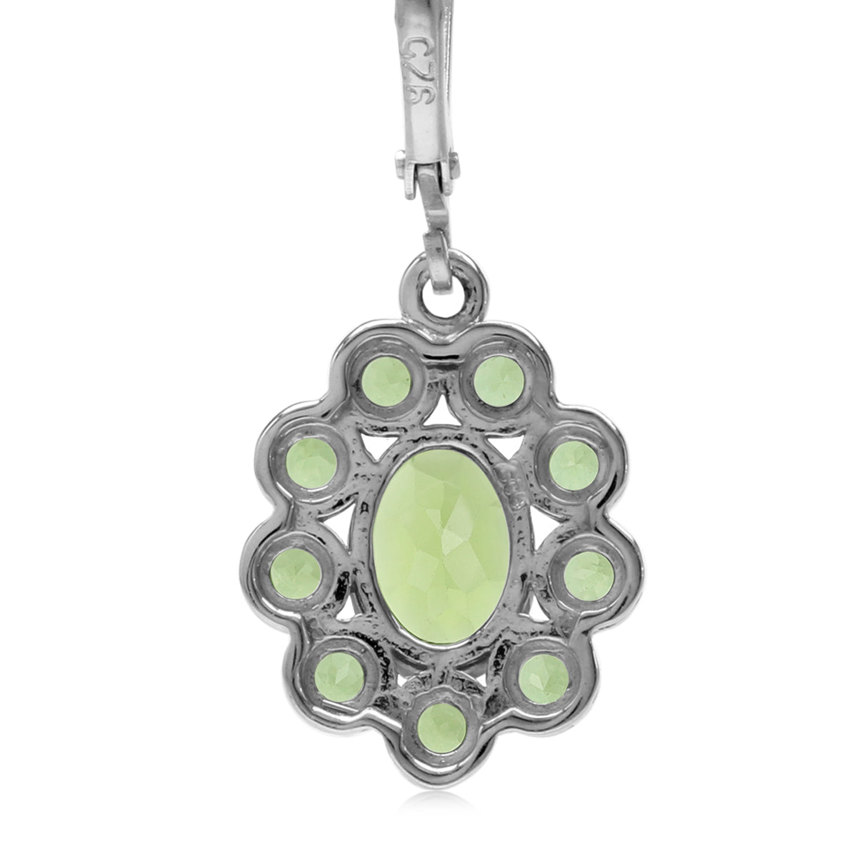 8X6mm Natural Oval Shape Green Peridot White Gold Plated 925 Sterling Silver Flower Cluster Leverback Dangle Earrings August Gemstone Birthstone - Silvershake-store