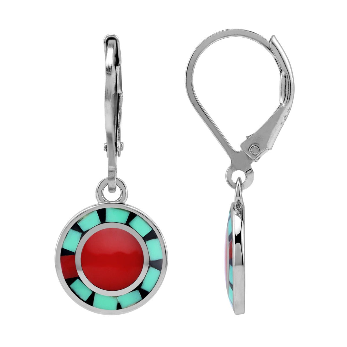 Petite Created Red Coral with Navajo Mosaic Style Blue Turquoise Inlay 925 Sterling Silver Leverback Circle Disc Earrings Jewelry for Women - Silvershake-store