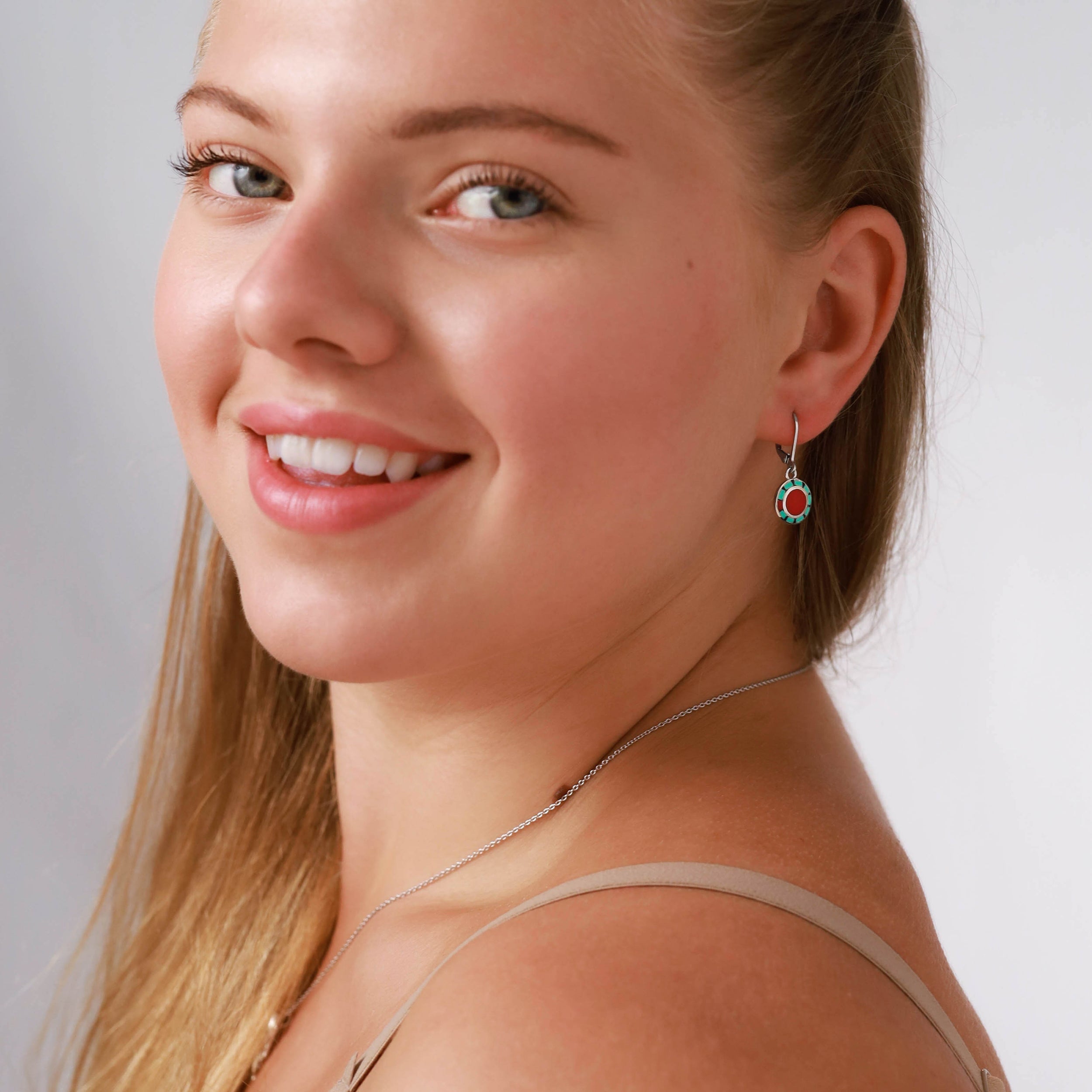 Petite Created Red Coral with Navajo Mosaic Style Blue Turquoise Inlay 925 Sterling Silver Leverback Circle Disc Earrings Jewelry for Women - Silvershake-store