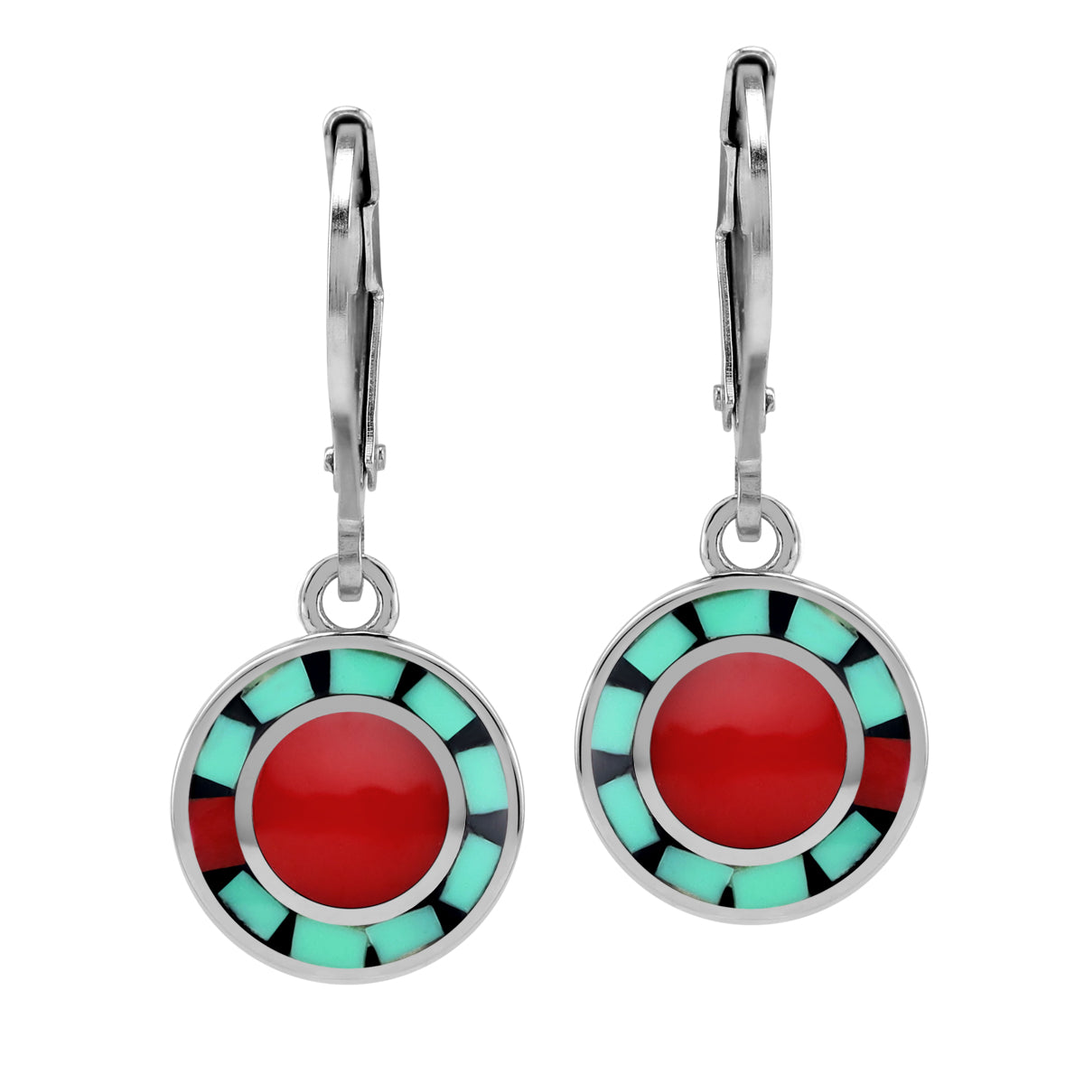Petite Created Red Coral with Navajo Mosaic Style Blue Turquoise Inlay 925 Sterling Silver Leverback Circle Disc Earrings Jewelry for Women - Silvershake-store