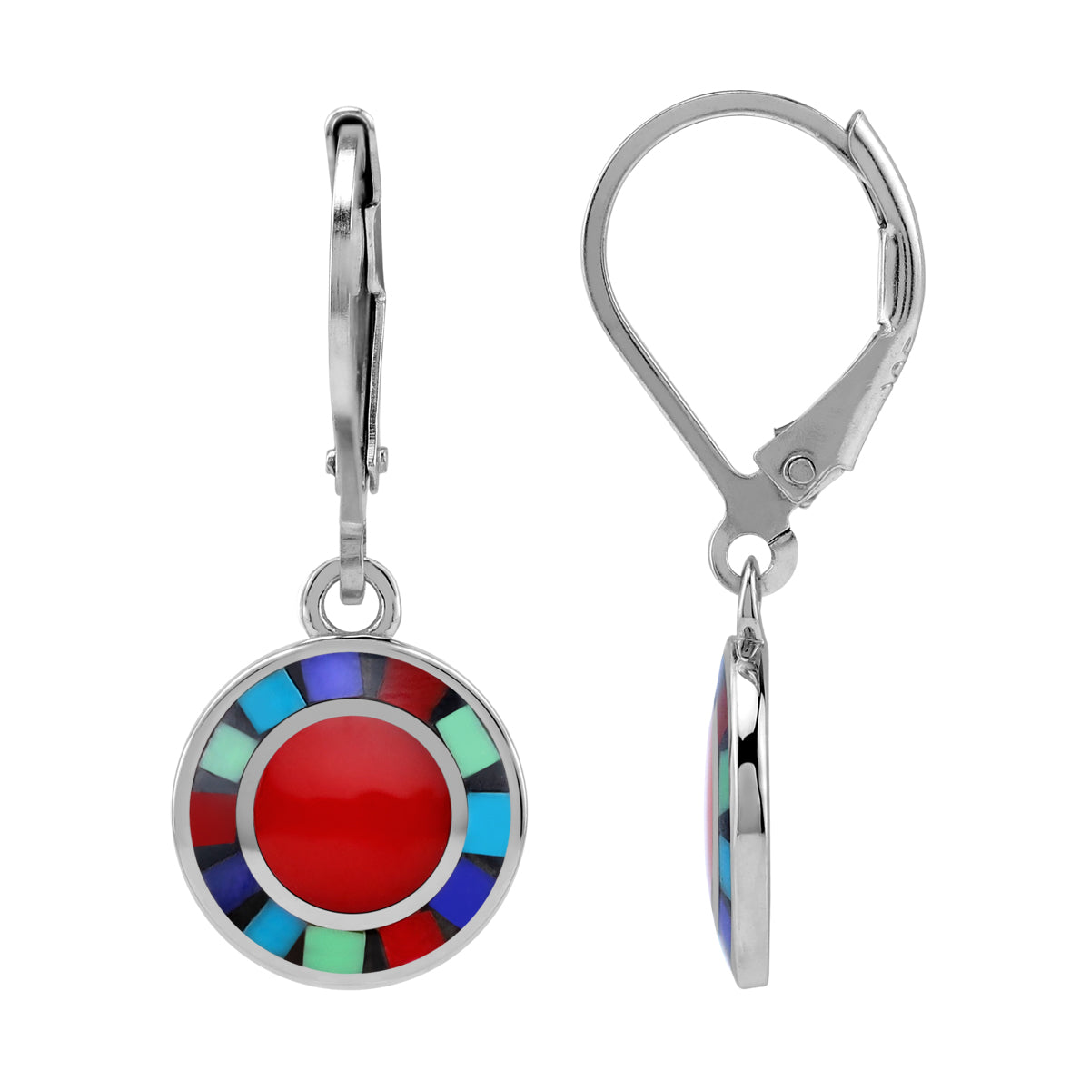 Petite Created Red Coral with Navajo Mosaic Style Green Gaspeite, Blue Lapis & Turquoise Inlay 925 Sterling Silver Leverback Circle Disc Earrings Jewelry for Women - Silvershake-store