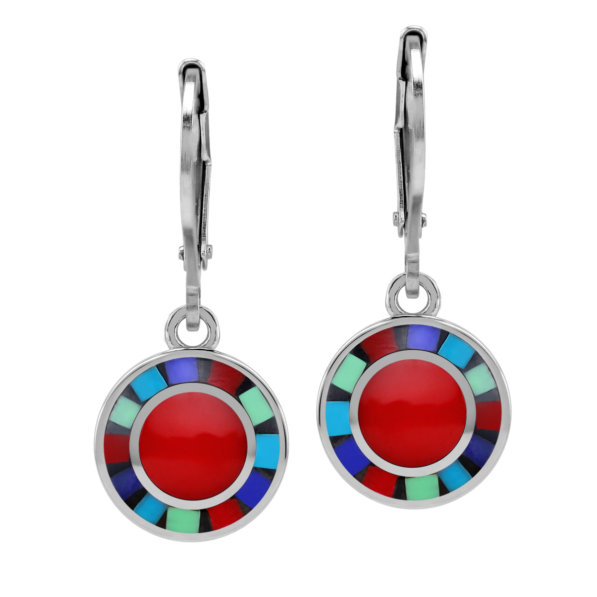 Petite Created Red Coral with Navajo Mosaic Style Green Gaspeite, Blue Lapis & Turquoise Inlay 925 Sterling Silver Leverback Circle Disc Earrings Jewelry for Women - Silvershake-store