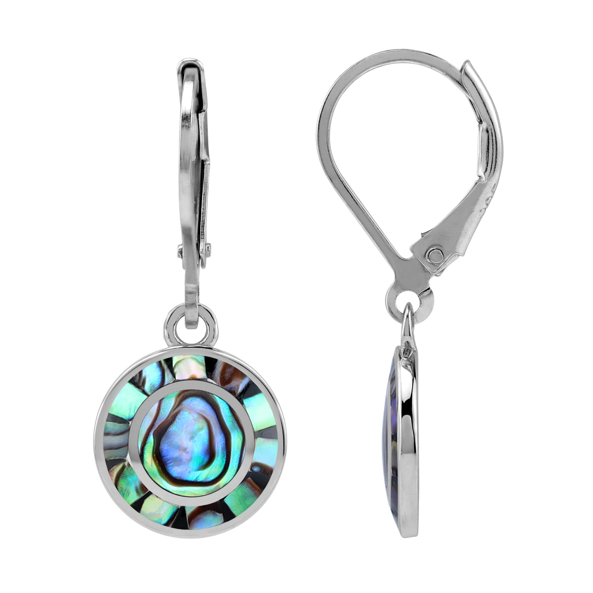 Petite Abalone Paua Shell Inlay with Navajo Mosaic Style White Gold Plated 925 Sterling Silver Leverback Circle Disc Earrings Jewelry for Women - Silvershake-store