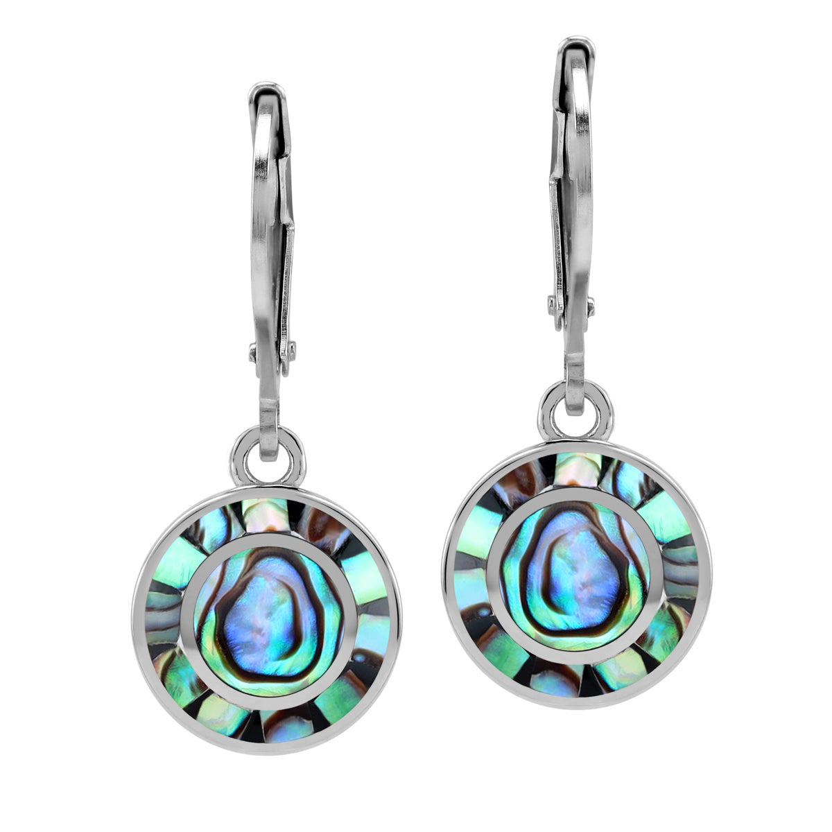 Petite Abalone Paua Shell Inlay with Navajo Mosaic Style White Gold Plated 925 Sterling Silver Leverback Circle Disc Earrings Jewelry for Women - Silvershake-store