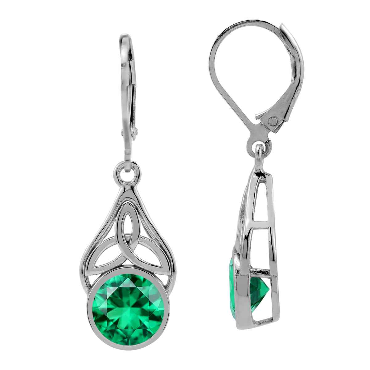 8MM Created Round Shape Nano Green Emerald White Gold Plated 925 Sterling Silver Triquetra Celtic Knot Leverback Dangle Earrings