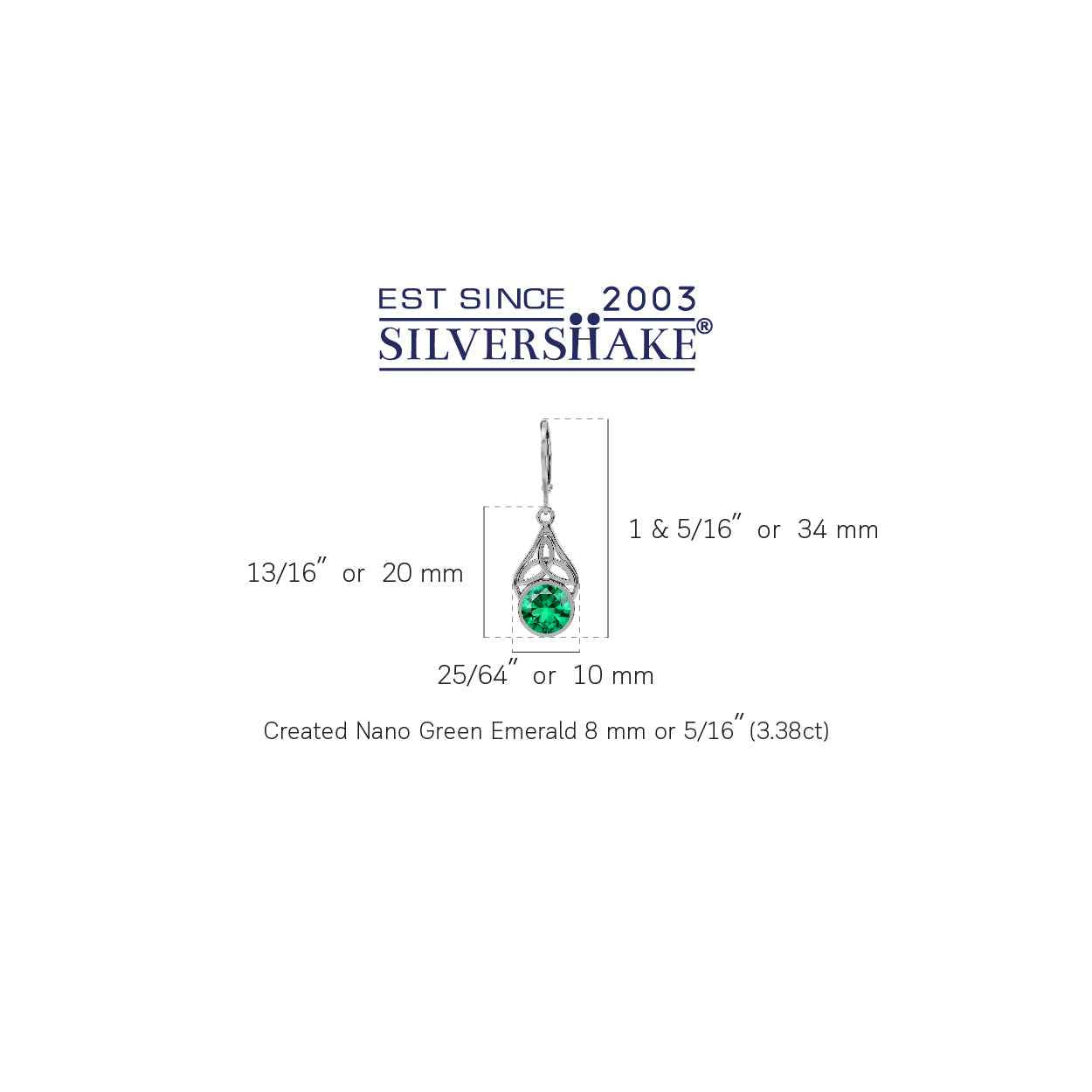 8MM Created Round Shape Nano Green Emerald White Gold Plated 925 Sterling Silver Triquetra Celtic Knot Leverback Dangle Earrings