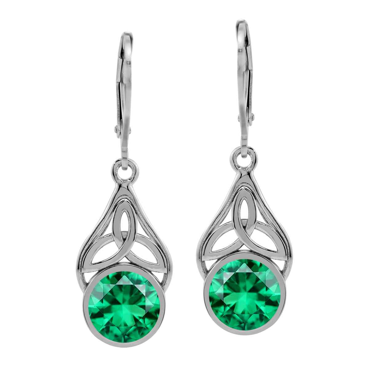 8MM Created Round Shape Nano Green Emerald White Gold Plated 925 Sterling Silver Triquetra Celtic Knot Leverback Dangle Earrings